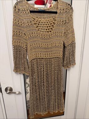 Openwork Crochet Midi Dress in Taupe